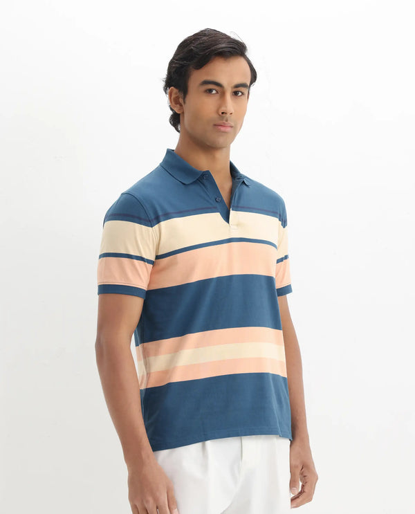 Rare Rabbit Men's Albans Dark Navy Cotton Fabric Collared Neck Half Sleeves Striped Polo