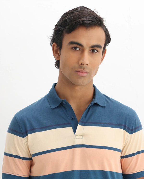 Rare Rabbit Men's Albans Dark Navy Cotton Fabric Collared Neck Half Sleeves Striped Polo
