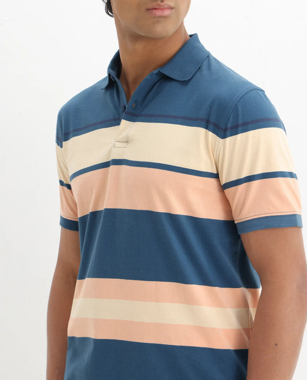 Rare Rabbit Men's Albans Dark Navy Cotton Fabric Collared Neck Half Sleeves Striped Polo