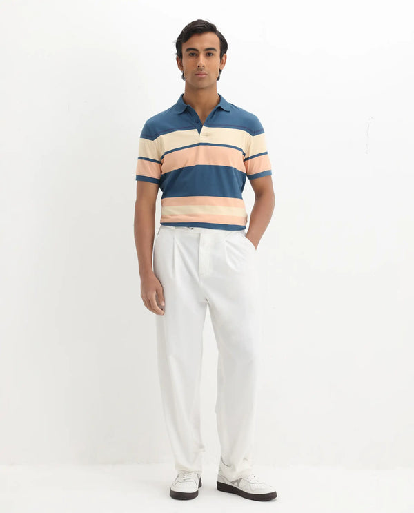 Rare Rabbit Men's Albans Dark Navy Cotton Fabric Collared Neck Half Sleeves Striped Polo