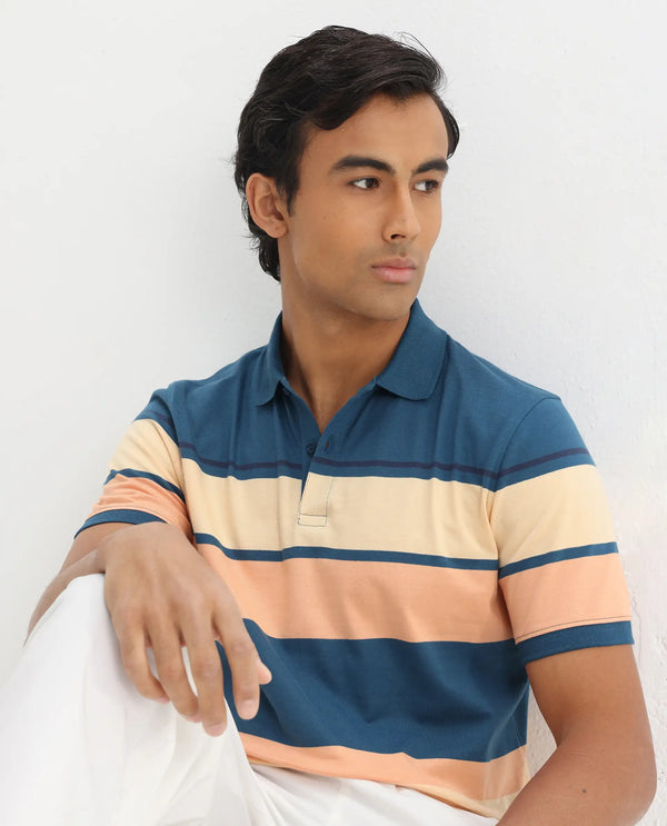 Rare Rabbit Men's Albans Dark Navy Cotton Fabric Collared Neck Half Sleeves Striped Polo