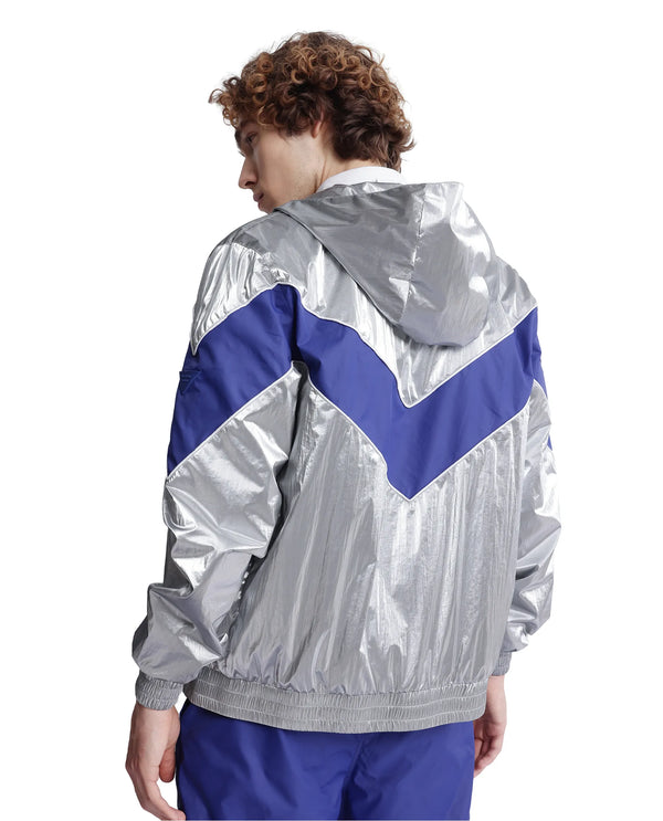 Rare Rabbit Men Albi Silver Nylon Fabric Full Sleeve Hooded Zipper Closure Cut & Sew Metallic Jacket