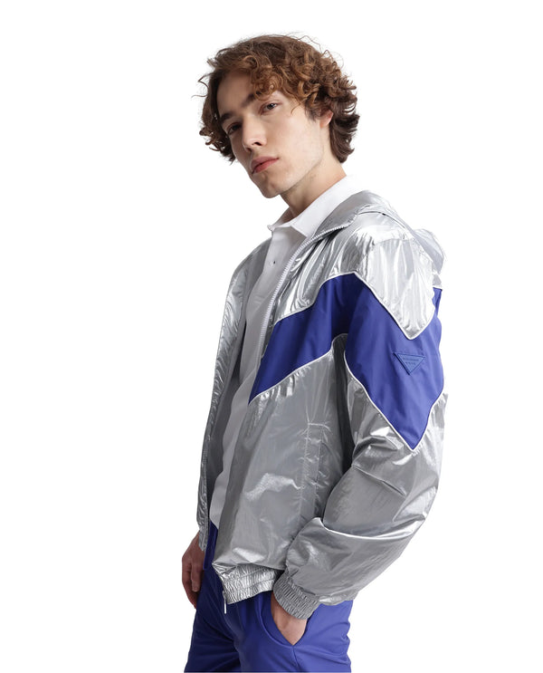 Rare Rabbit Men Albi Silver Nylon Fabric Full Sleeve Hooded Zipper Closure Cut & Sew Metallic Jacket