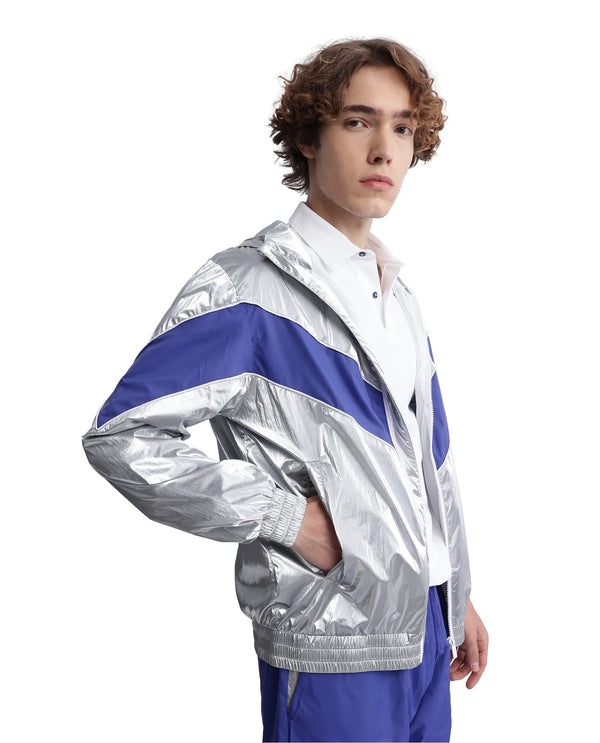 Rare Rabbit Men Albi Silver Nylon Fabric Full Sleeve Hooded Zipper Closure Cut & Sew Metallic Jacket