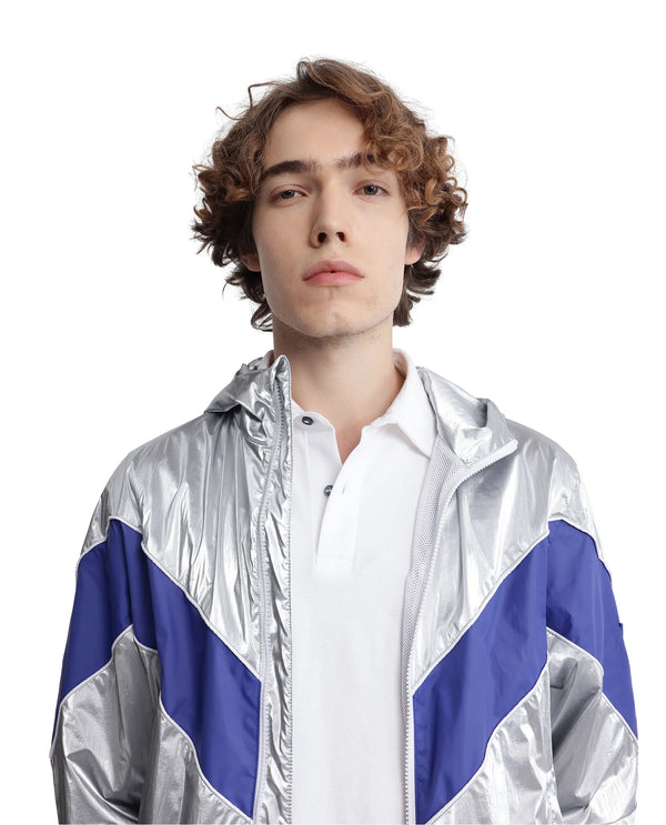 Rare Rabbit Men Albi Silver Nylon Fabric Full Sleeve Hooded Zipper Closure Cut & Sew Metallic Jacket