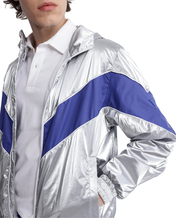 Rare Rabbit Men Albi Silver Nylon Fabric Full Sleeve Hooded Zipper Closure Cut & Sew Metallic Jacket