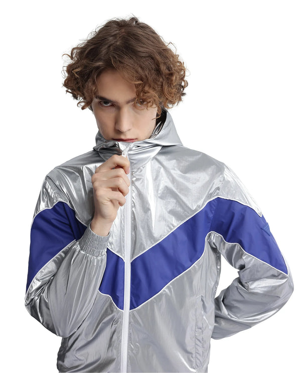 Rare Rabbit Men Albi Silver Nylon Fabric Full Sleeve Hooded Zipper Closure Cut & Sew Metallic Jacket