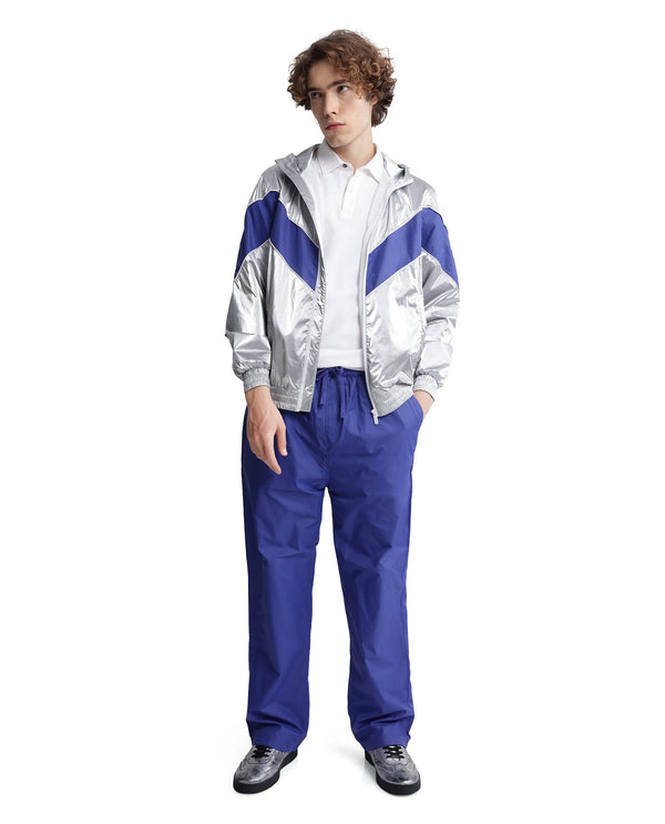 Rare Rabbit Men Albi Silver Nylon Fabric Full Sleeve Hooded Zipper Closure Cut & Sew Metallic Jacket
