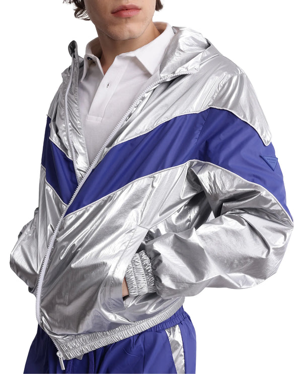 Rare Rabbit Men Albi Silver Nylon Fabric Full Sleeve Hooded Zipper Closure Cut & Sew Metallic Jacket