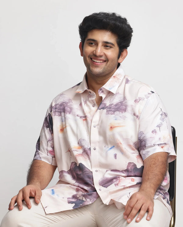 Rare Rabbit Men's Alcamy White Viscose Fabric Half Sleeves Floral Print Shirt Plus Size