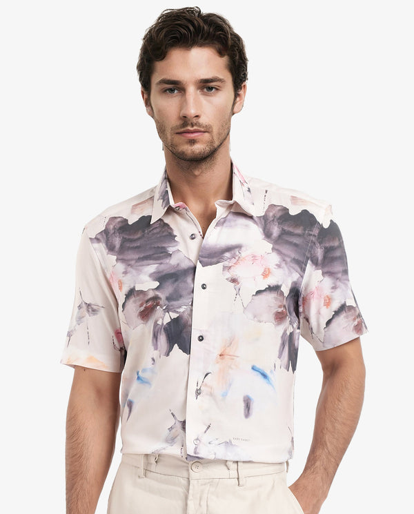 Rare Rabbit Men's Alcamy White Viscose Fabric Half Sleeves Regular Fit Floral Print Shirt