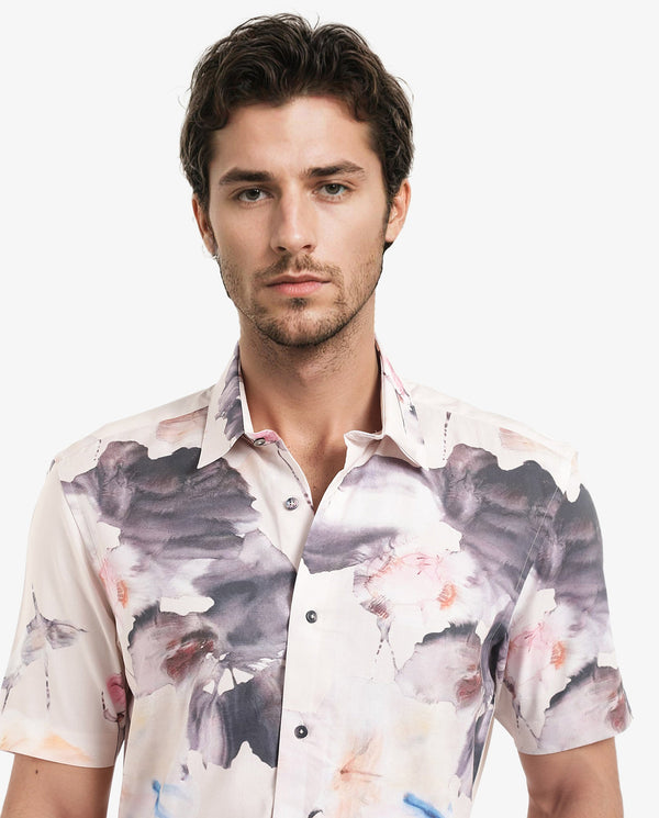 Rare Rabbit Men's Alcamy White Viscose Fabric Half Sleeves Regular Fit Floral Print Shirt