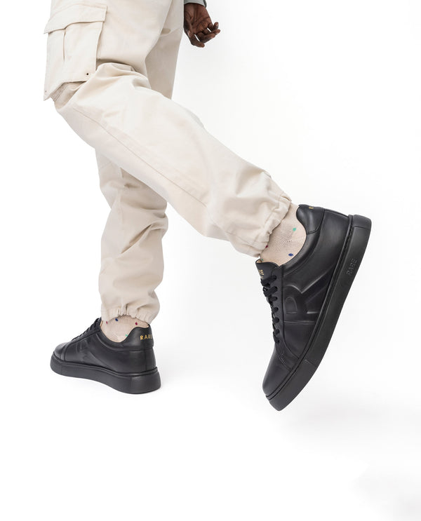 Rare Rabbit Men's Odessa Black Genuine Leather Round Toe Low-Top Lace-Up Monochromatic Sneaker