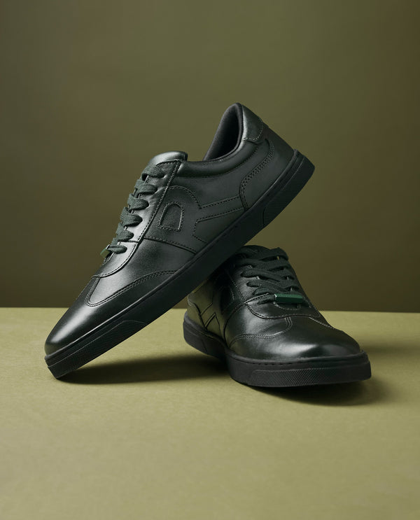 Rare Rabbit Mens Merc Dark Green Round Toe Genuine Leather Lace Up Low Top Sneaker Shoes