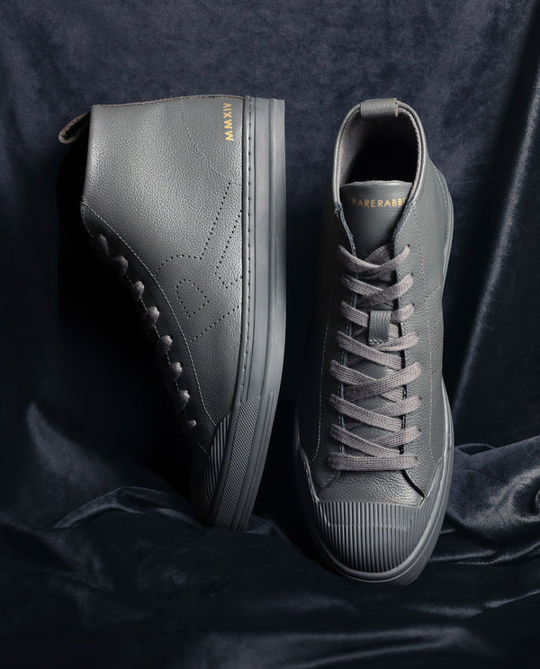 Rare Rabbit Mens Sauron Hi Pro Dark Grey Premium Milled Leather Lace Up High Top Round Toe Sneaker Shoes