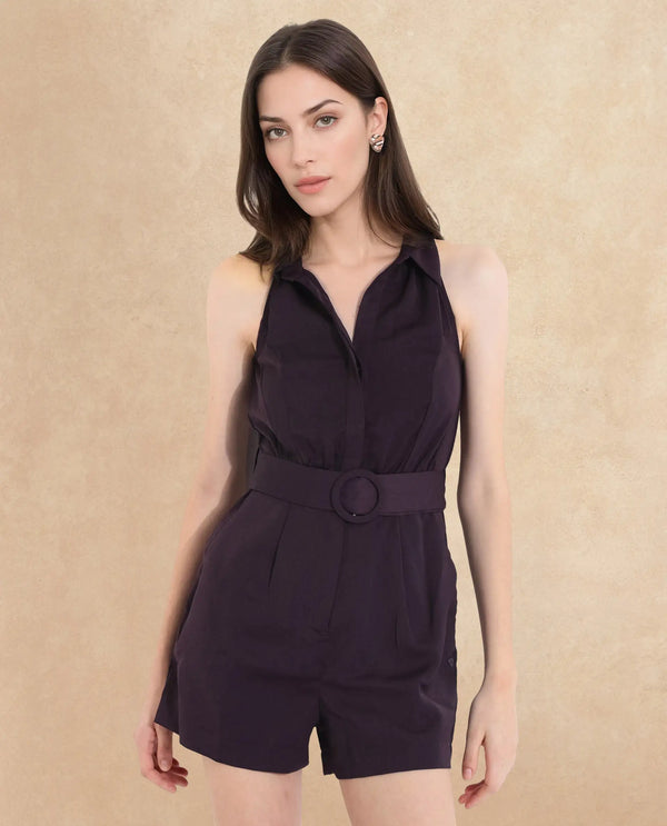 Rareism Women Aless-SC Maroon Sleeveless Halter Neck Button Plain Mini Dress