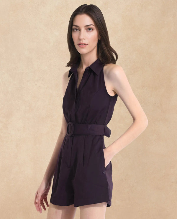 Rareism Women Aless-SC Maroon Sleeveless Halter Neck Button Plain Mini Dress