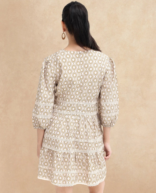 Rareism Women Alexo Beige Puff Sleeves V-Neck Zipper Closure Fit And Flare Geometric Print Fit and Flare Mini Dress