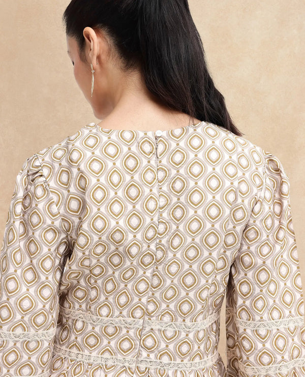 Rareism Women Alexo Beige Puff Sleeves V-Neck Zipper Closure Fit And Flare Geometric Print Fit and Flare Mini Dress