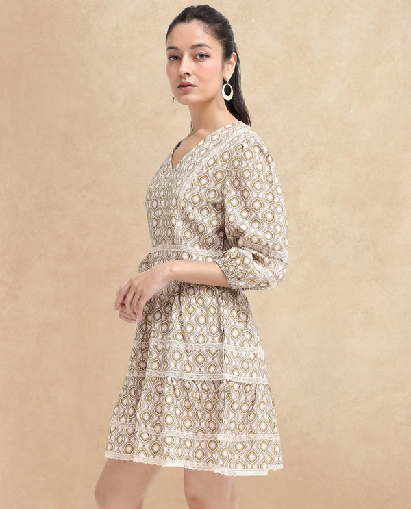 Rareism Women Alexo Beige Puff Sleeves V-Neck Zipper Closure Fit And Flare Geometric Print Fit and Flare Mini Dress