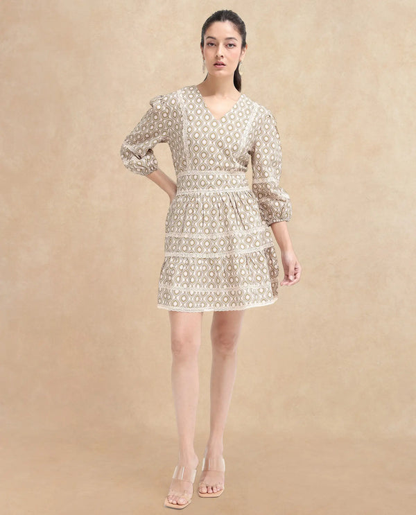 Rareism Women Alexo Beige Puff Sleeves V-Neck Zipper Closure Fit And Flare Geometric Print Fit and Flare Mini Dress
