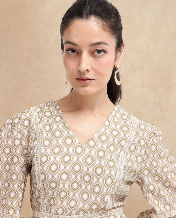 Rareism Women Alexo Beige Puff Sleeves V-Neck Zipper Closure Fit And Flare Geometric Print Fit and Flare Mini Dress