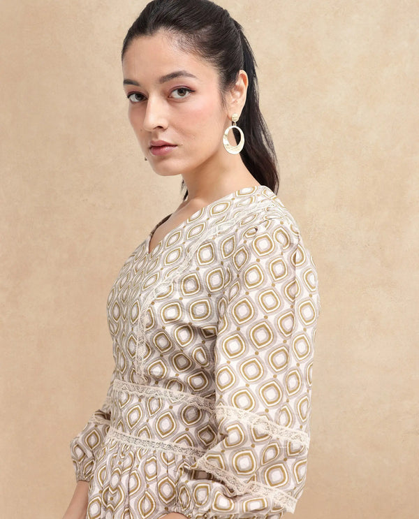 Rareism Women Alexo Beige Puff Sleeves V-Neck Zipper Closure Fit And Flare Geometric Print Fit and Flare Mini Dress