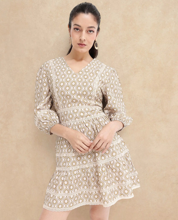 Rareism Women Alexo Beige Puff Sleeves V-Neck Zipper Closure Fit And Flare Geometric Print Fit and Flare Mini Dress