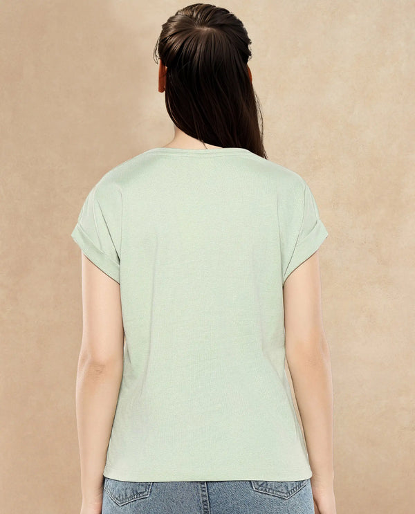 Rareism Women Alexy Pastel Green Cotton Poly Fabric Short Sleeve Crew Neck Solid T-Shirt