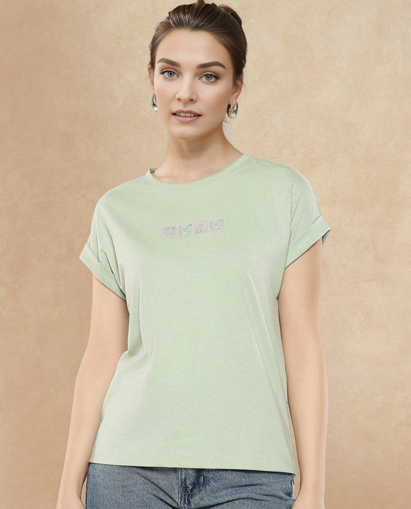 Rareism Women Alexy Pastel Green Cotton Poly Fabric Short Sleeve Crew Neck Solid T-Shirt