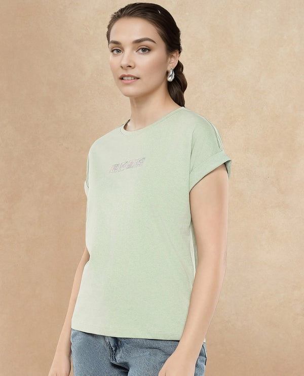 Rareism Women Alexy Pastel Green Cotton Poly Fabric Short Sleeve Crew Neck Solid T-Shirt