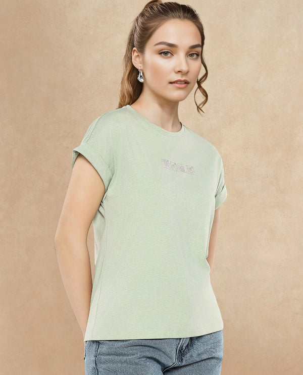Rareism Women Alexy Pastel Green Cotton Poly Fabric Short Sleeve Crew Neck Solid T-Shirt