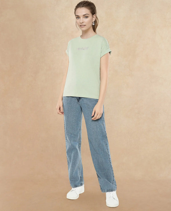 Rareism Women Alexy Pastel Green Cotton Poly Fabric Short Sleeve Crew Neck Solid T-Shirt
