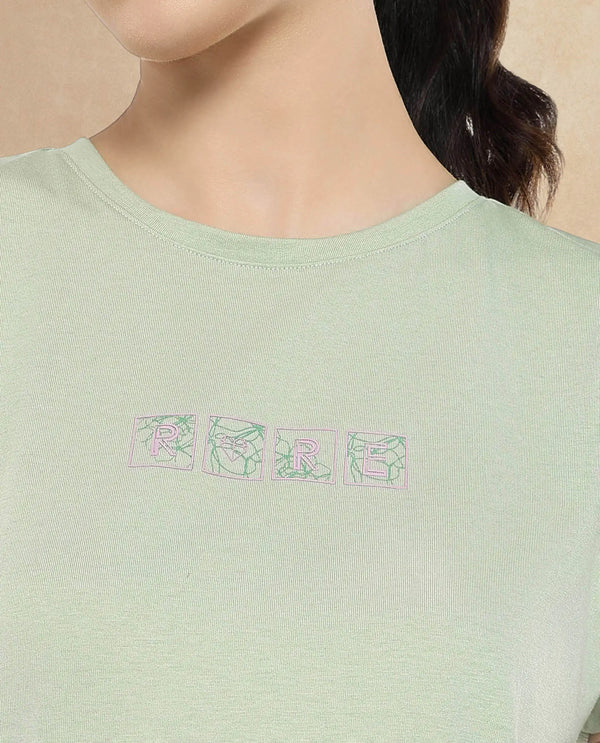 Rareism Women Alexy Pastel Green Cotton Poly Fabric Short Sleeve Crew Neck Solid T-Shirt