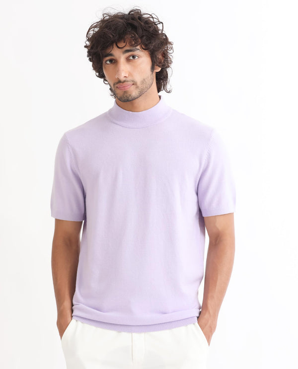 Rare Rabbit Men's Alfet Pastel Purple Half Sleeves High Neck Knitted T-Shirt