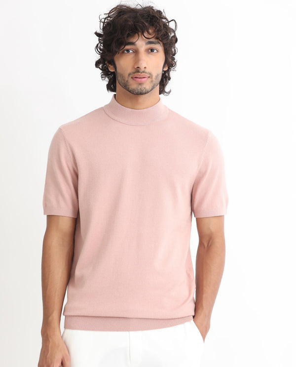Rare Rabbit Men's Alfet Peach Half Sleeves High Neck Knitted T-Shirt