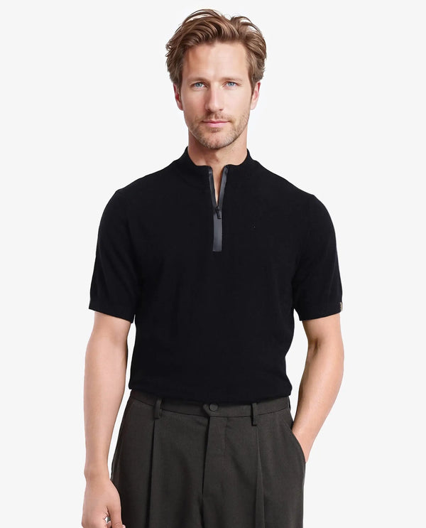 Rare Rabbit Men's Alfeto Black Viscose Poly Fabric Short Sleeve High Neck Zipper Closure Plain Polo