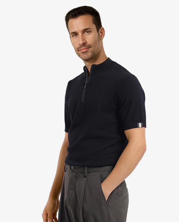 Rare Rabbit Men's Alfeto Black Viscose Poly Fabric Short Sleeve High Neck Zipper Closure Plain Polo