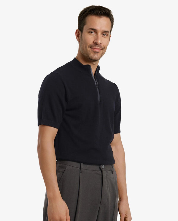 Rare Rabbit Men's Alfeto Black Viscose Poly Fabric Short Sleeve High Neck Zipper Closure Plain Polo