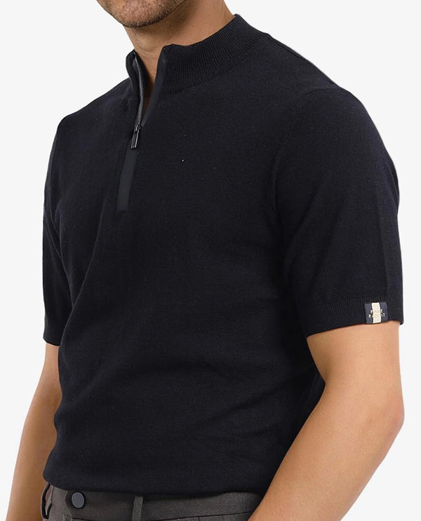 Rare Rabbit Men's Alfeto Black Viscose Poly Fabric Short Sleeve High Neck Zipper Closure Plain Polo