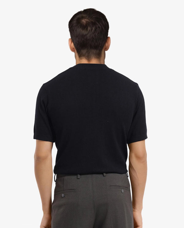 Rare Rabbit Men's Alfeto Black Viscose Poly Fabric Short Sleeve High Neck Zipper Closure Plain Polo