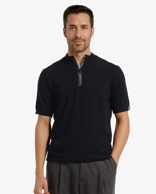 Rare Rabbit Men's Alfeto Black Viscose Poly Fabric Short Sleeve High Neck Zipper Closure Plain Polo