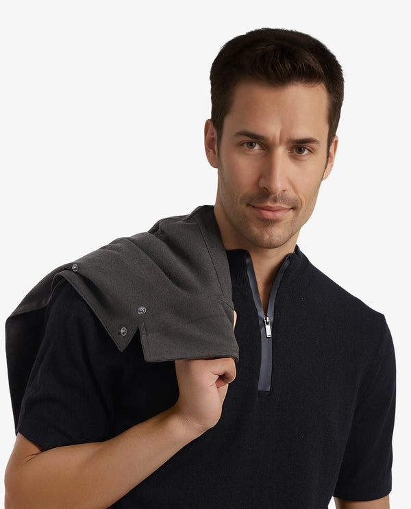 Rare Rabbit Men's Alfeto Black Viscose Poly Fabric Short Sleeve High Neck Zipper Closure Plain Polo