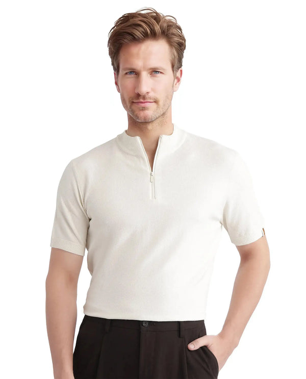 Rare Rabbit Men's Alfeto White Viscose Poly Fabric Short Sleeve High Neck Zipper Closure Plain Polo