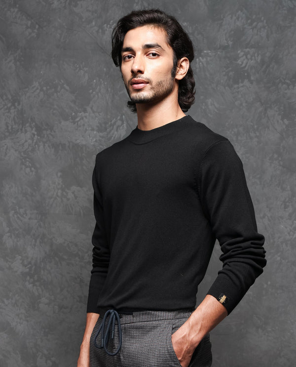 Rare Rabbit Mens Alfo 1 Black Sweater Viscose Nylon Fabric High Neck Knitted Full Sleeves Fitted