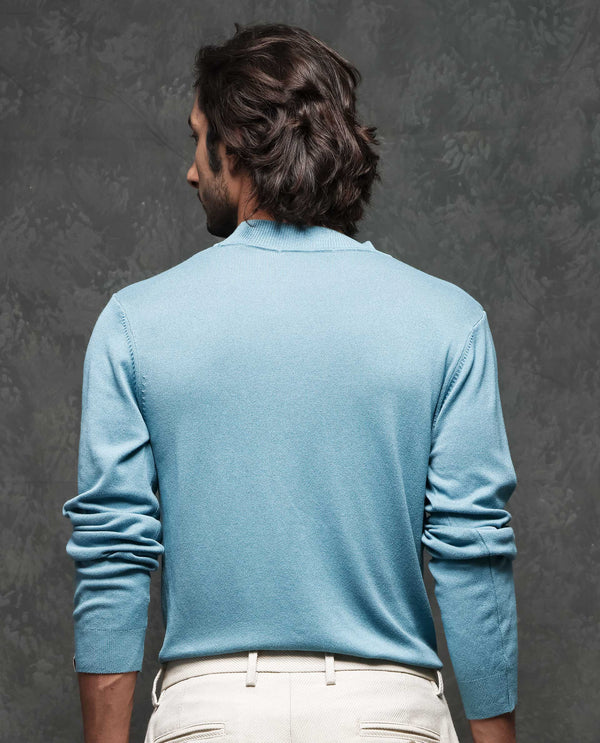Rare Rabbit Mens Alfo 1 Light Blue Sweater Viscose Nylon Fabric High Neck Knitted Full Sleeves Fitted