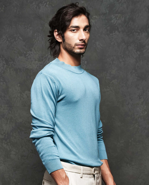Rare Rabbit Mens Alfo 1 Light Blue Sweater Viscose Nylon Fabric High Neck Knitted Full Sleeves Fitted