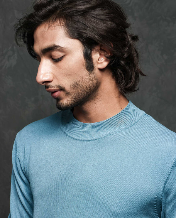 Rare Rabbit Mens Alfo 1 Light Blue Sweater Viscose Nylon Fabric High Neck Knitted Full Sleeves Fitted