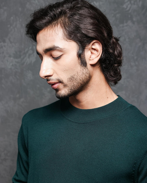 Rare Rabbit Mens Alfo 1 Green Sweater Viscose Nylon Fabric High Neck Knitted Full Sleeves Fitted