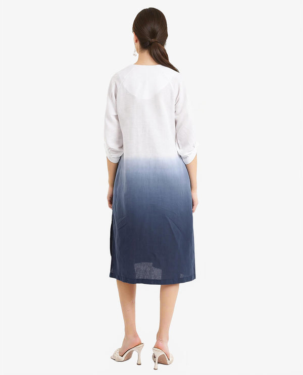 Rareism Women's Algan White Polyester Blend Fabric V-Neck  Raglan Sleeve Ombre Straight Fit Midi Dress